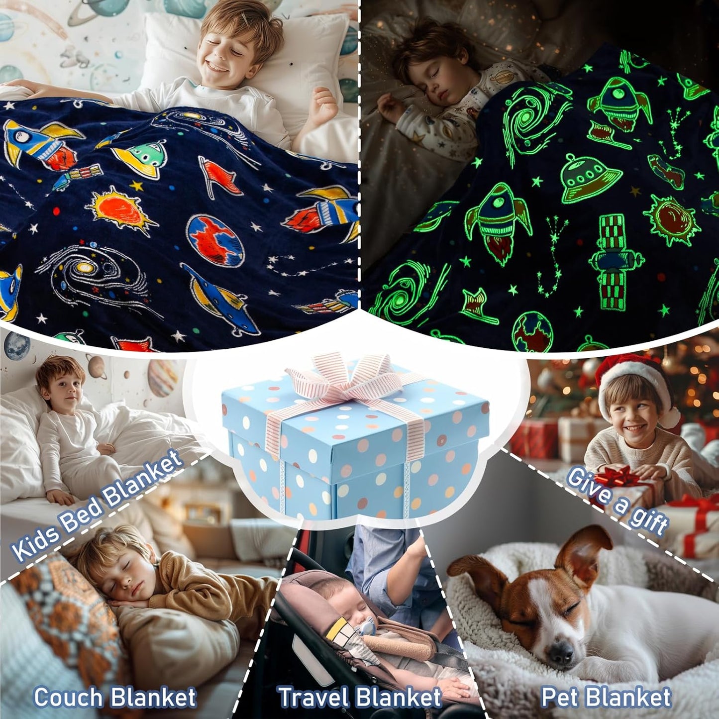 Boulou Glow in The Dark Galaxy Space Blanket Gifts for Boys Girls, Star Planet and Solar System Decor for Adult Kids, Birthday Spaceship Toys Gift for Age 3 4 5 6 7 8 9 10 Year Old for Christmas