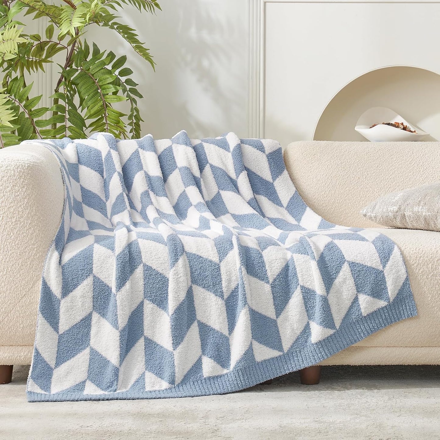 Snuggle Sac Chevron Throw Blanket for Couch, Reversible Super Soft Warm Blankets Cozy Knit Fuzzy Plush Lightweight Throws for Sofa, Bed, Camping, Blue, 50x60 inches