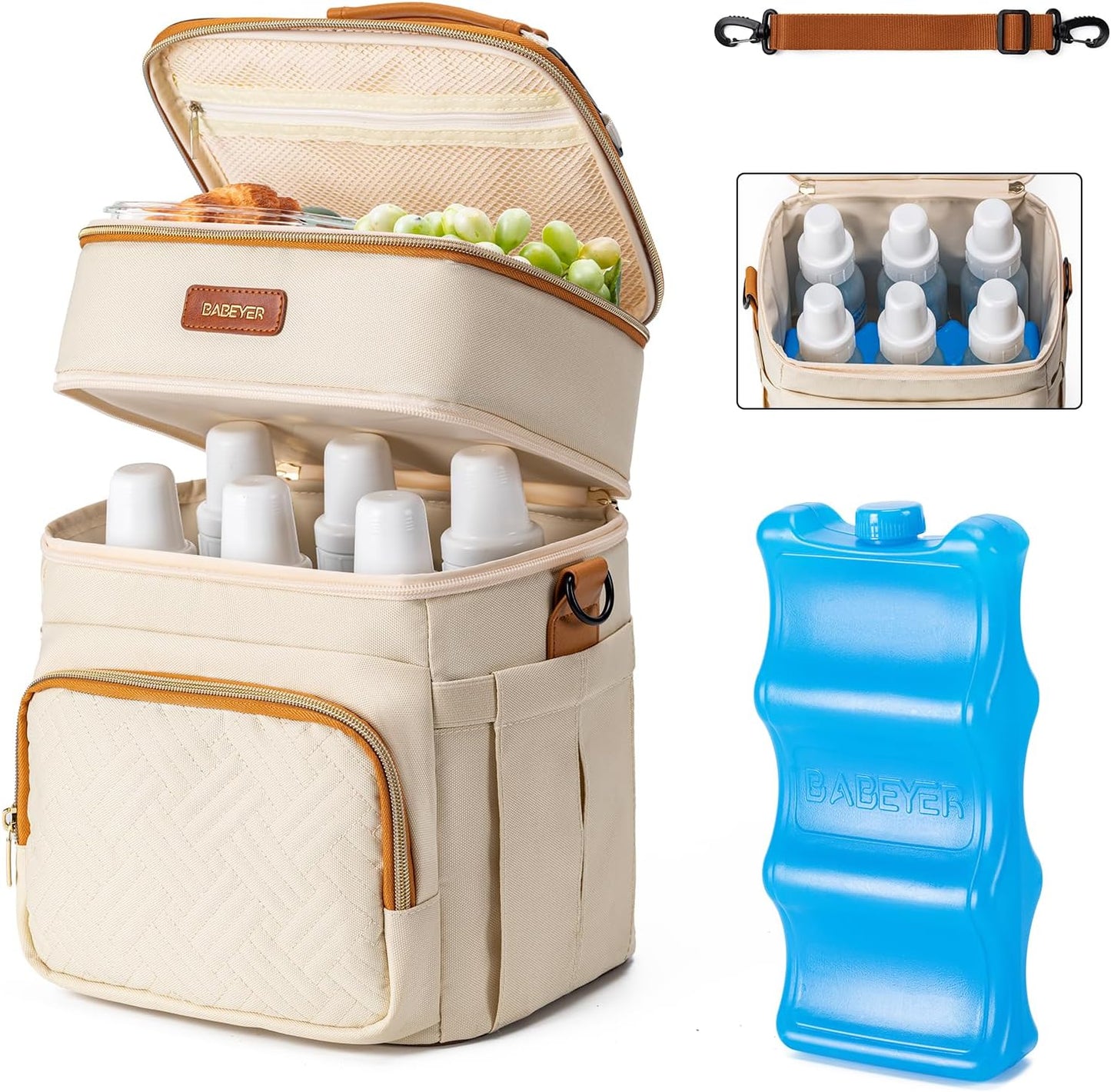 Insulated Breastmilk Cooler Bag with Ice Pack - Holds 6x9oz Bottles, Leakproof Double Layer, Baby Bottle Cooler Bag with Adjustable Strap for Nursing Moms, Daycare & Travel