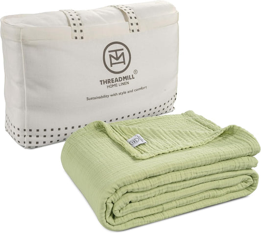 Threadmill Muslin Blanket for Twin Size Bed | 4-Layer Gauze Cotton Throw | Soft, Breathable, and Lightweight for All Seasons | Ideal Blanket or Bed Blanket | Sage Green