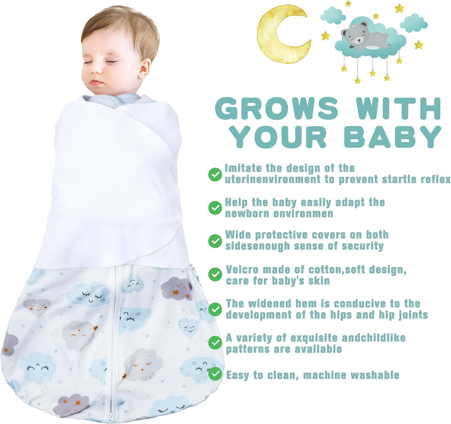 Newborn Sleep Sack Baby Swaddle,0-3 Months,3-Way Adjustable Wearable Blanket,100% Rayon Cotton Swaddling Sleeping Bag，TOG 0.5（Clouds&Starry Sky）