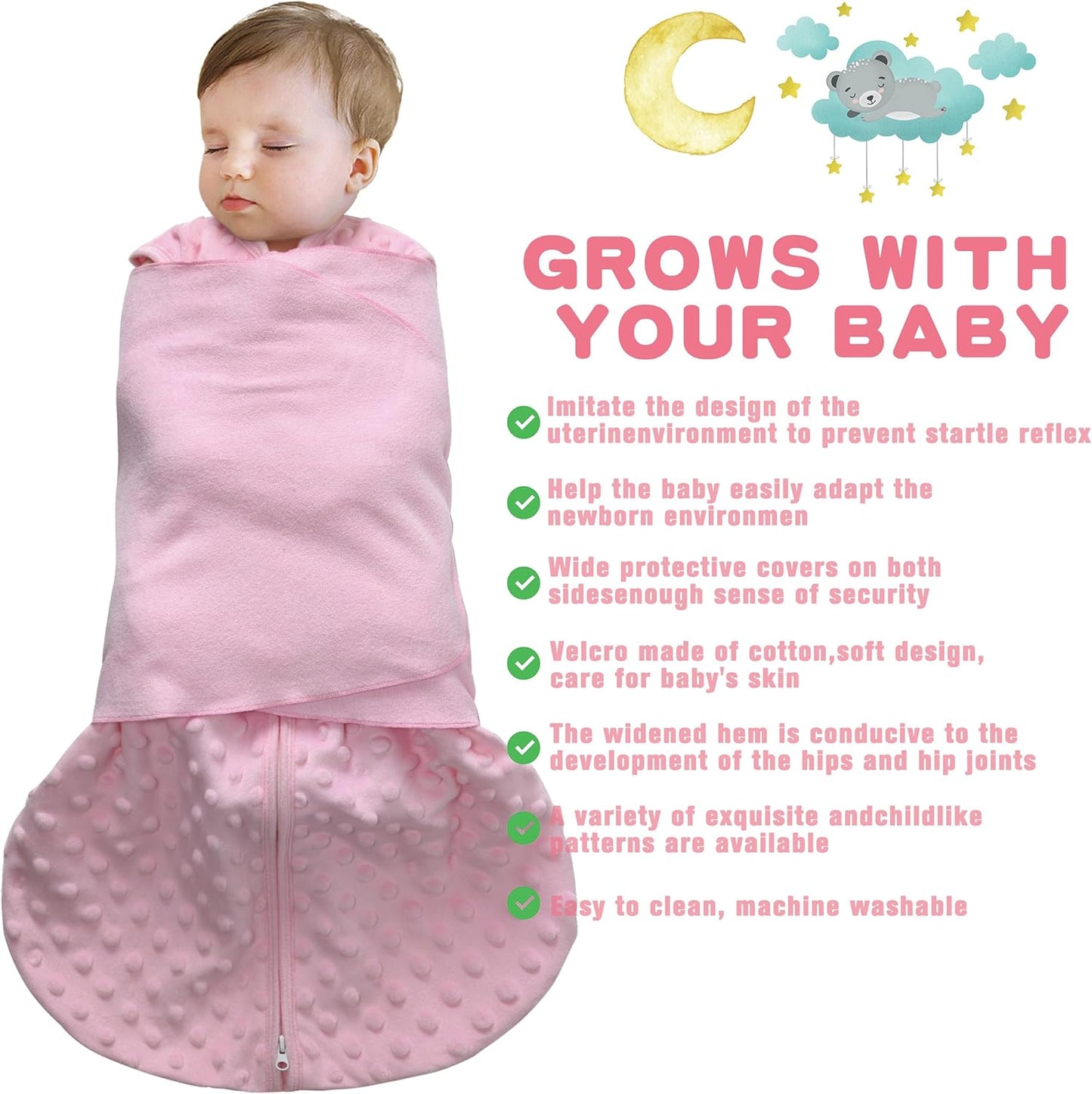 Fleece Newborn Sleep Sack Baby Swaddle,3-Way Adjustable Wearable Blanket,2 Pack Fleece Swaddling Sleeping Bag TOG 2.0， (Gray & Pink, 6-12 Months)