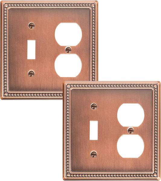 2-Pack Combo Toggle/Duplex Light Switch Cover Plate, Antique Copper Metal Wall Outlet Cover Plate, Decorative Classic Beaded Wall Socket Receptacle Cover for Electrical Outlets, Light Switch