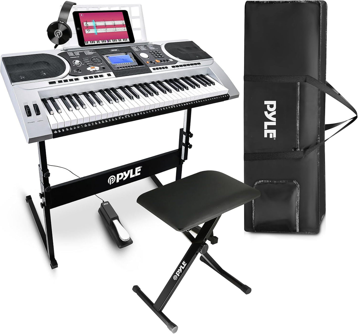 Pyle, Digital Musical Karaoke Portable Electronic Piano Includes Water-Resistant Case Bag, Keyboard Stand, Sustain Pedal & Headset (61 Keys), Compact (PKBRD6175P)