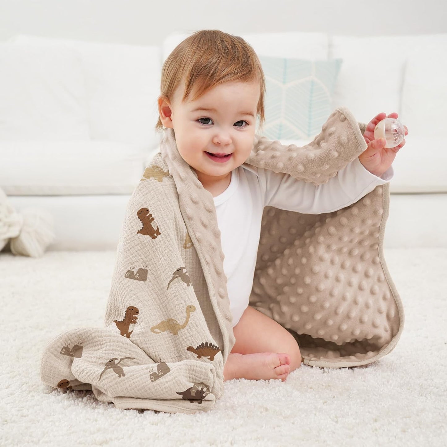 Susurration Baby Blanket for Unisex Boys Girls, Soft Nursery Minky Blanket with Muslin Cotton Front and Dotted Fleece Back, Receiving Blanket for Baby Newborn Infant, 30x40inch (Dinosaur)
