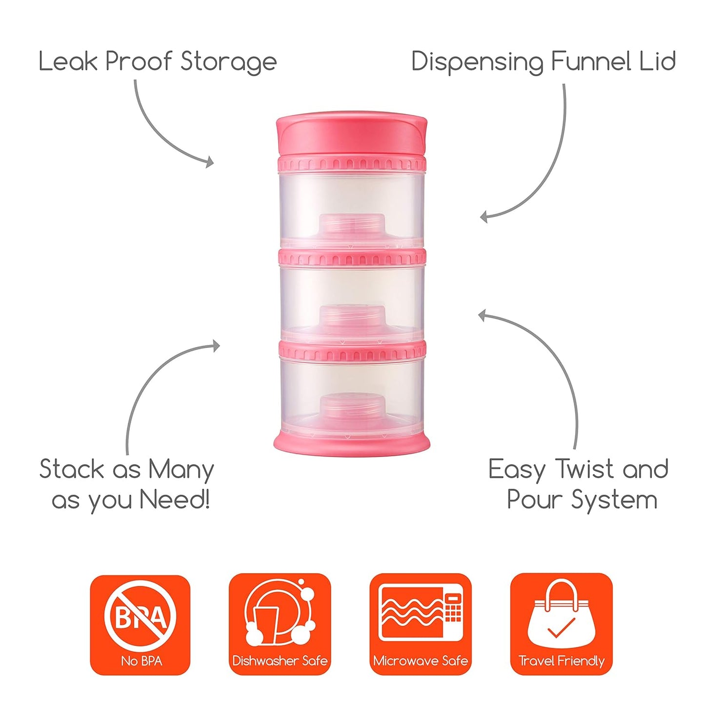 Innobaby Packin' Smart Stackable and Portable Storage System for Formula, Liquid, Baby Snacks and More. 3 Stackable Cups in Strawberry. BPA Free., 12 Ounce