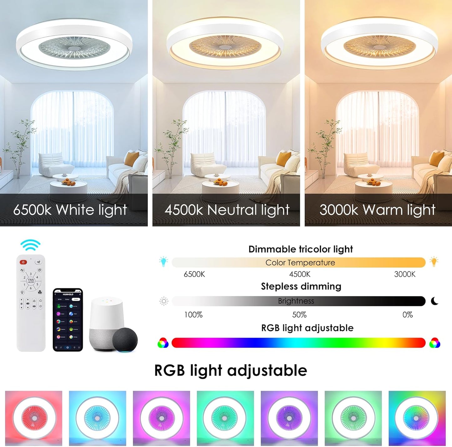 24" Bladeless Ceiling Fan with RGB Light Remote, Smart LED Ceiling Fans with Voice/App Control, Modern Low Profile Dimmable Light Ceiling Fan for Bedroom Living Room