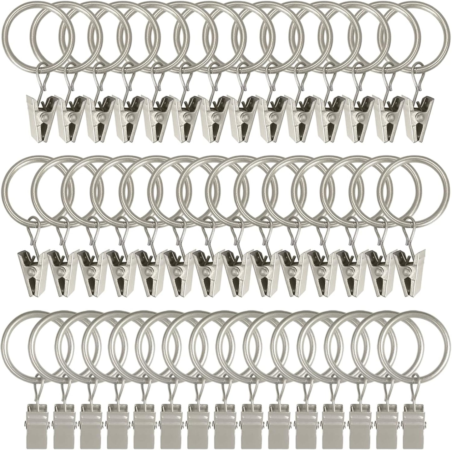44 Pack Matte Silver Curtain Rings with Clips, Curtain Hooks Hangers Clip Rings for Hanging Drapes Bows Hat, Drapery Rings 1 in I D, Fits up to 5/8 in Diameter Curtain Rod.