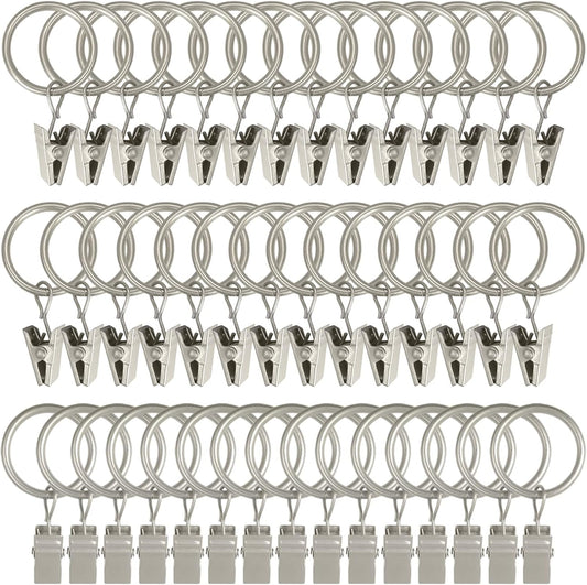 44 Pack Matte Silver Curtain Rings with Clips, Curtain Hooks Hangers Clip Rings for Hanging Drapes Bows Hat, Drapery Rings 1 in I D, Fits up to 5/8 in Diameter Curtain Rod.