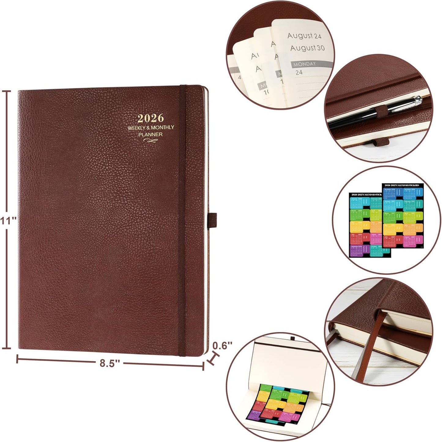 2026 Planner - JAN 2026 - DEC 2026, Planner 2026, Weekly and Monthly Planner, Leather Cover Calendar Planner with Thick Paper, Back Pocket with Notes Pages, Brown (8.5" x 11")