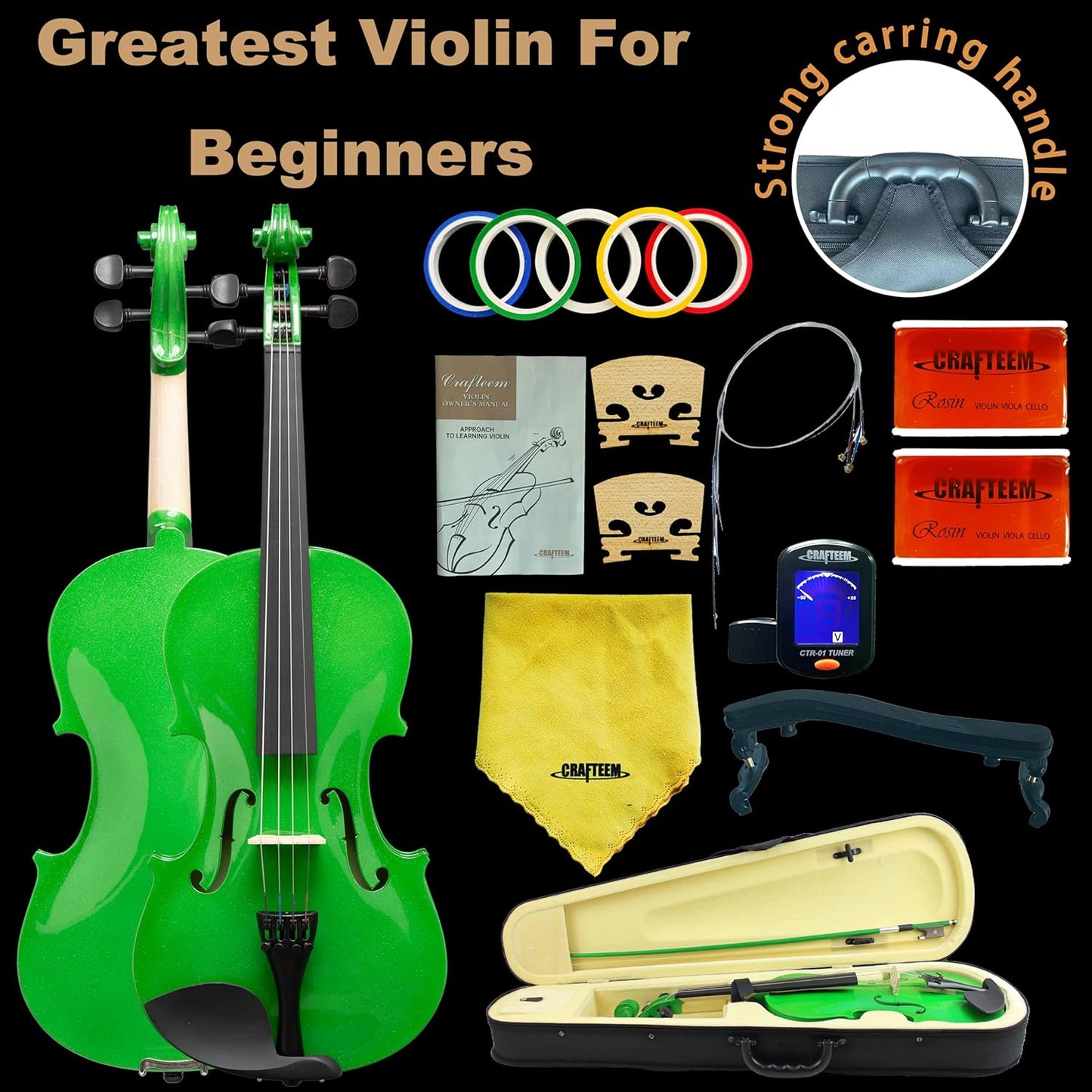 1/2 Fiddle Green Colored Premium Violin Outfit for Beginners Adults Kids With 5 Color Fingering Tape- Handcrafted Student Beginner Violin.