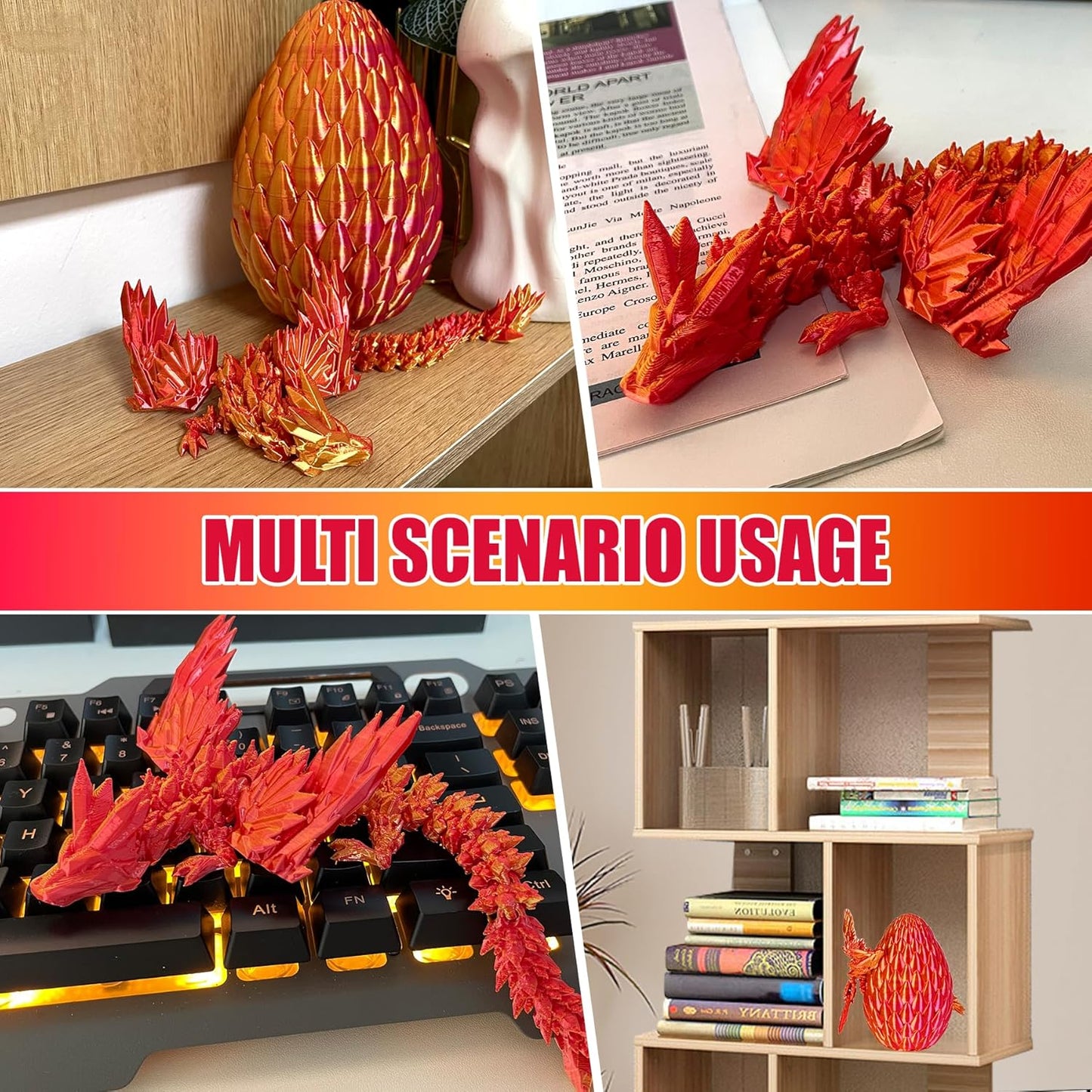 12inch Fly Dragon Egg, Year of The Dragon, 3D Printed Dragon, Executive Desk Toys, Articulated Dragon, Fidget Toys Gifts for Graduates Students Teachers Adults (Gold&Red)