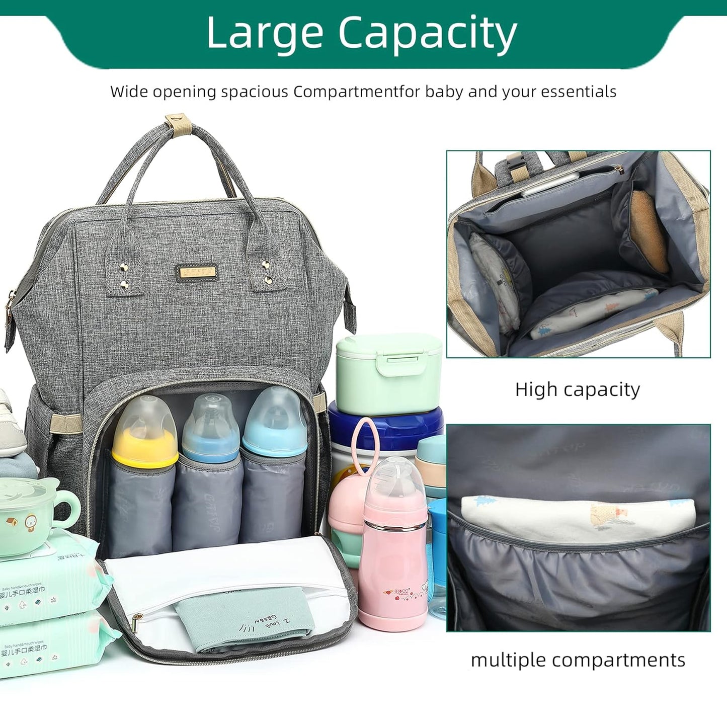 Diaper Bag Backpack, Diaper Bags for Baby Girls Boys, Baby Bags for Moms Dads, Nappy Changing Bag with Insulated Pockets,Multi-functional Waterproof Backpack with Stroller straps - Grey