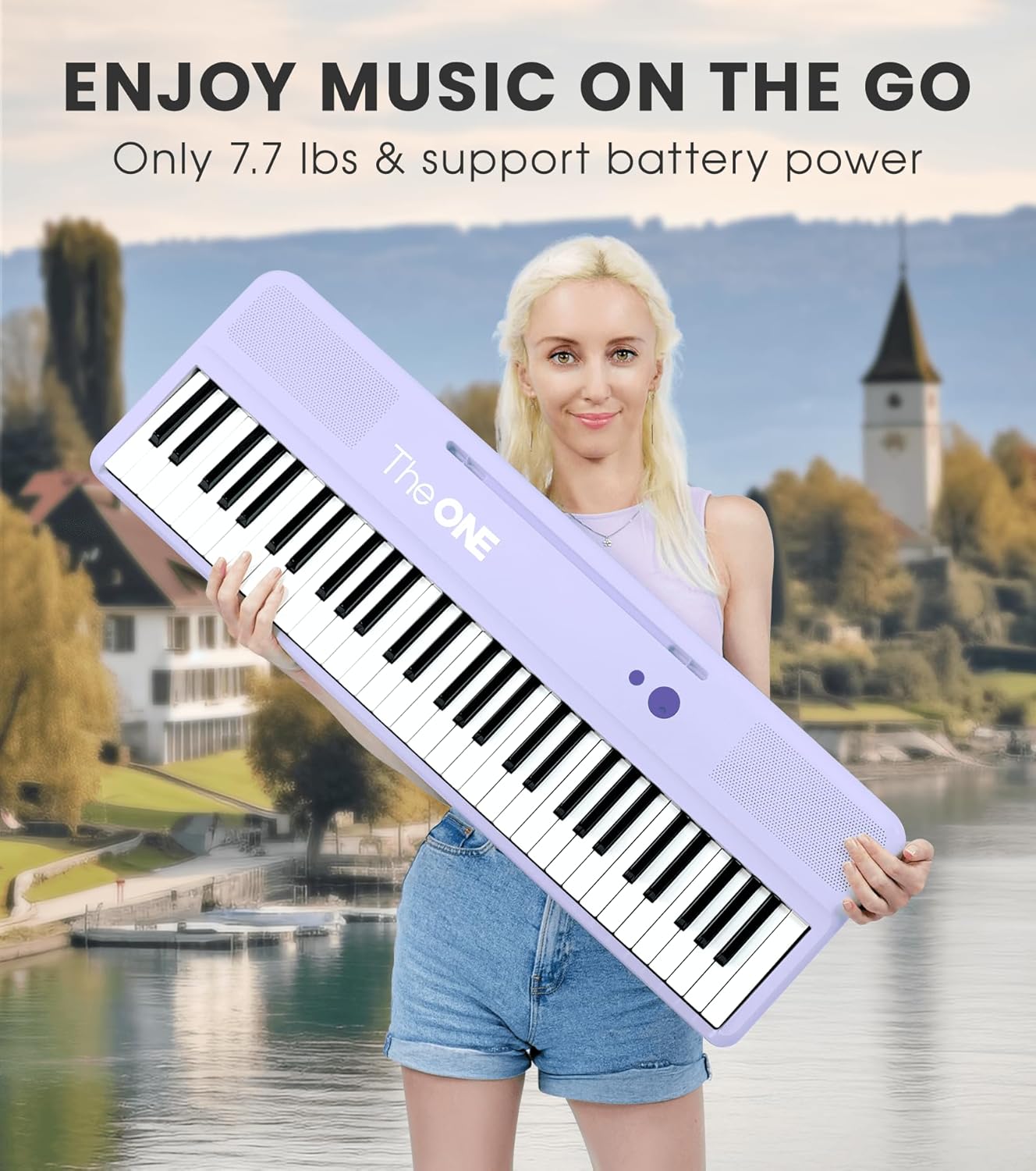 The ONE Smart Keyboard COLOR 61 Lighted Keys Piano Keyboard, Electric Piano for Beginners with 256 Tones, 64 Polyphony, Built-in LED Lights & Apps, Supports USB MIDI/Headphones (Purple)