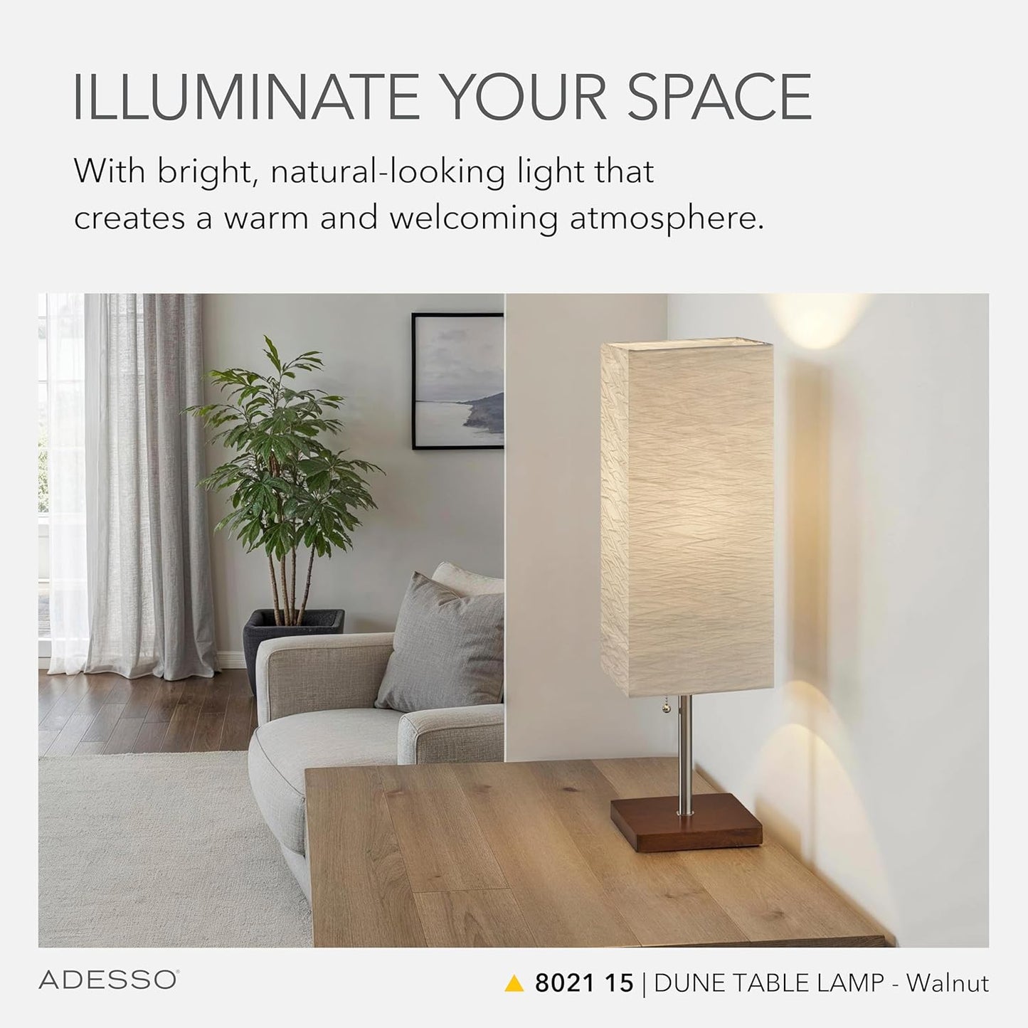 Adesso 26” Table Lamp with Walnut Wood Base, Brushed Steel Finish & Crinkle Paper Shade – Perfect Lighting for Bedroom, Living Room and Corner Decor, Beige