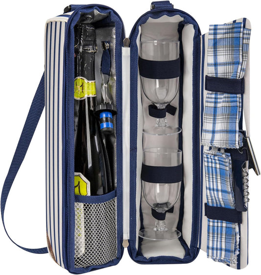 ALLCAMP Wine Tote Bag with Cooler Compartment，Picnic Set Carrying Two Sets of Tableware（Blue Stripe）