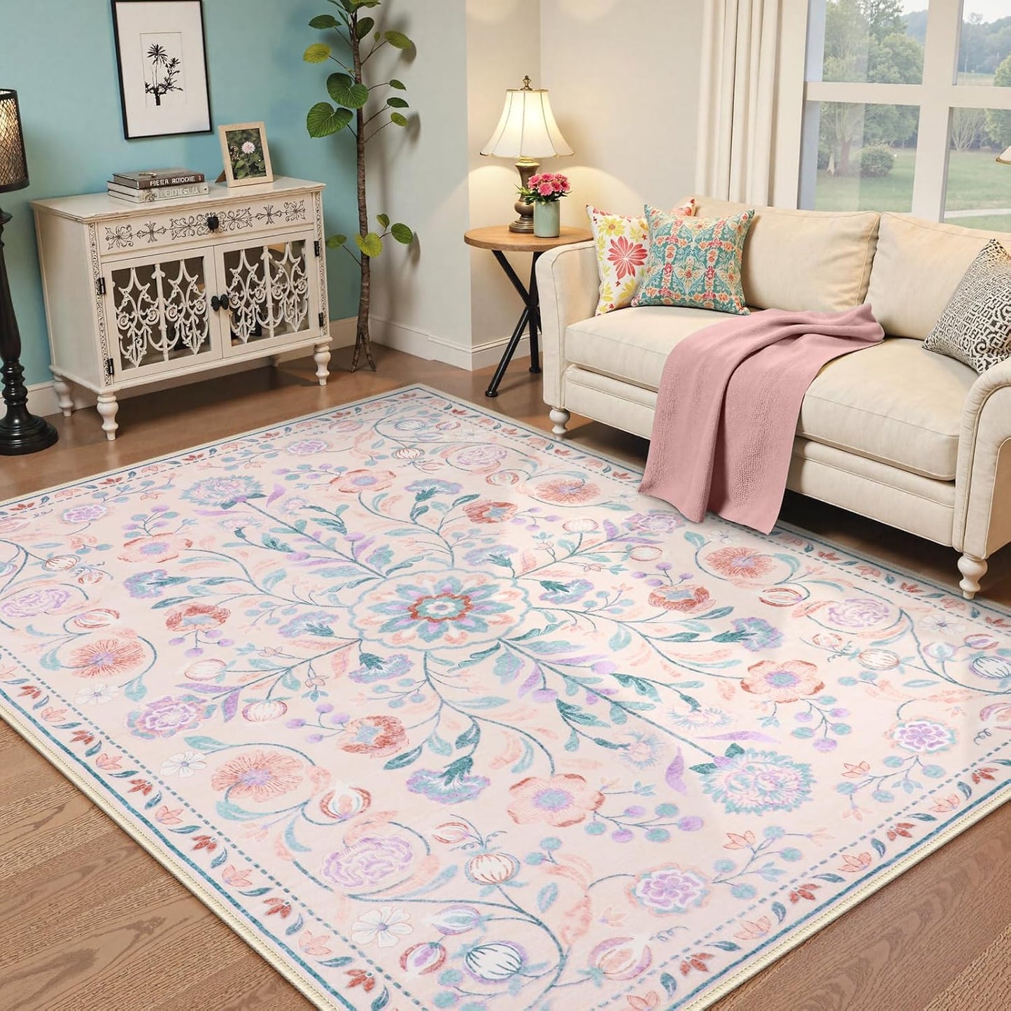 Anidaroel Boho Rugs for Living Room 8x10, Washable Pink Area Rug for Bedroom Vintage Soft Girls Room Rug, Non Slip Distressed Nursery Rug Indoor Throw Carpet for Playroom Dining Room