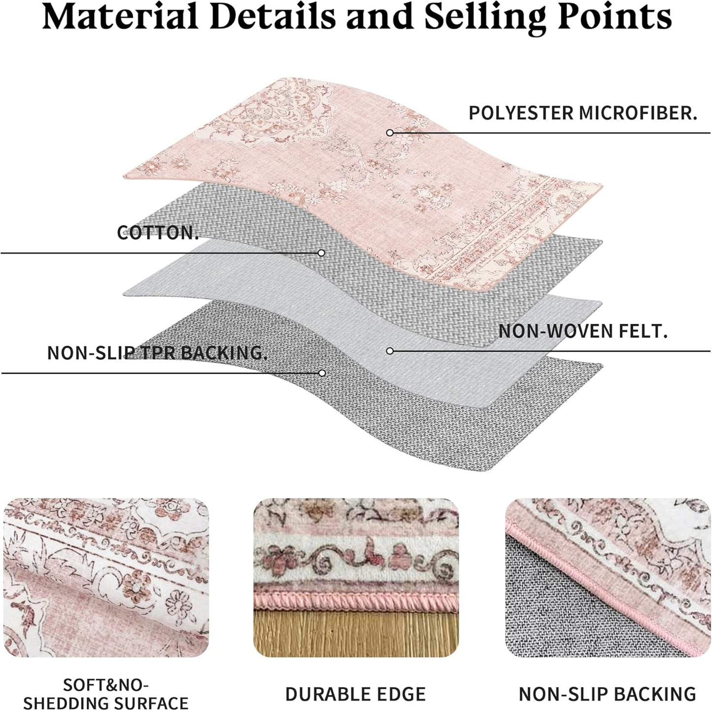 6x9 Area Rugs Washable: Oriental Soft Area Rug for Living Room Bedroom No Shedding - Low Pile Thin Carpet Rug for Dining Room Non Slip - Boho Vintage Rug for Home Decor - Soft Pink