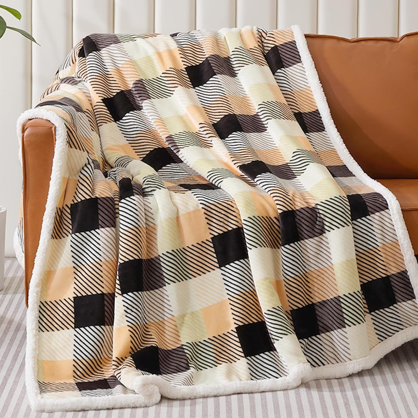 Touchat Sherpa Plaid Twin Blanket 60" X 70", Fuzzy Fluffy Soft Cozy Throw Blanket, Twin Size Plush Fleece Flannel Plush Microfiber Blanket for Couch Bed Sofa (Brown Color)