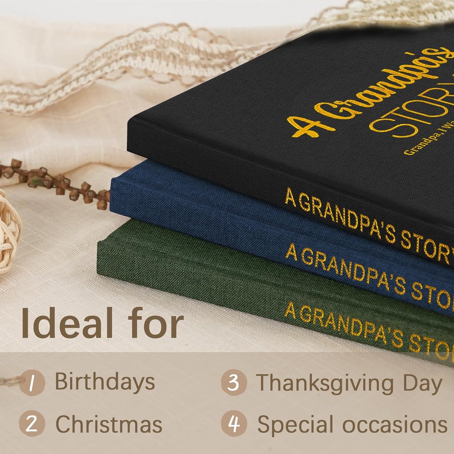 Artmag Grandpa's Life Story Journal Family Keepsake Book Linen Hardcover for Grandpa to Share His Memories, with 250+ Prompt Questions Gift for Birthday Father's Day Christmas (Dark Green)