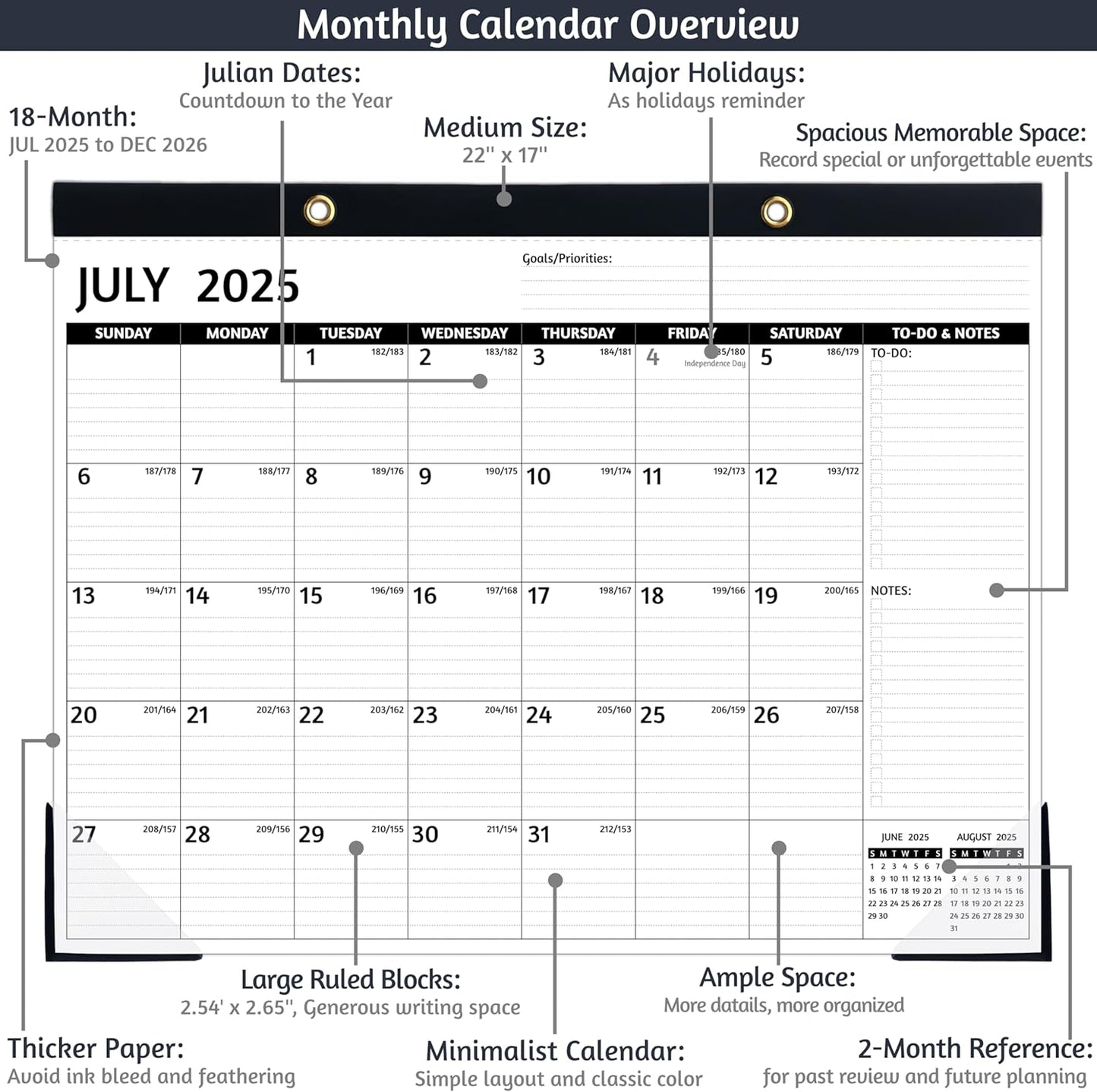 2026 Desk Calendar – Large Desk Calendar 2026, 22'' x 17'', Jan 2026 - Dec 2026, 2026 Desk/Wall Calendar with Desk Pad, To-do Lists, Ruled Blocks, Corner Protectors