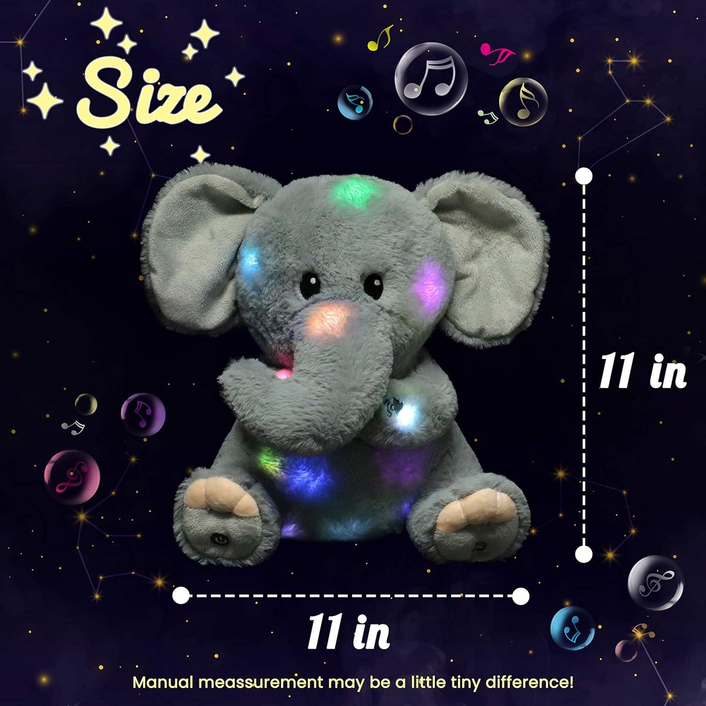 Hopearl LED Musical Stuffed Elephant Lighting Up Singing Plush Toy Adjustable Volume Lullaby Animated Soothe Birthday Festival for Kids Toddler Girls, Gray, 11''