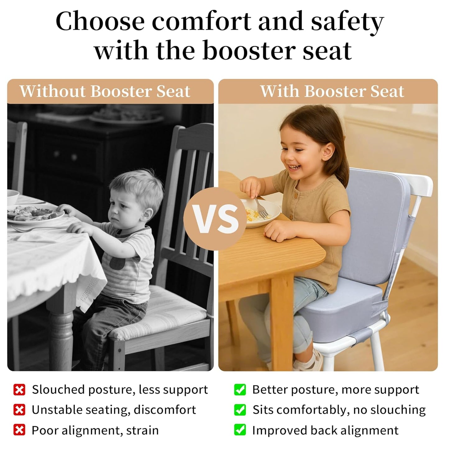 Toddler Booster Seat for Dining Table with Backrest and Adjustable Straps, Waterproof Oxford Foam Cushion with Non-Slip Bottom, Portable Chair Booster for Kitchen Use (Dark Grey)
