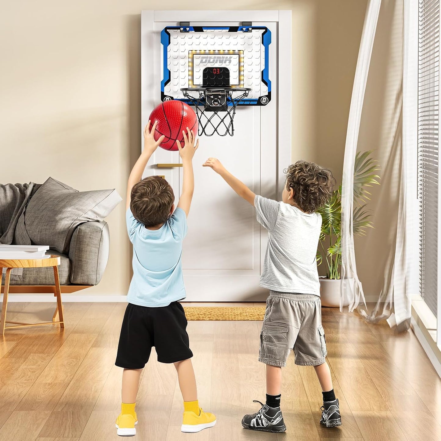 Indoor Basketball Hoop for Kids, Over The Door Mini Basketball Hoops, LED Light Mini Hoop with Scoreboard & 4 Balls, Kids Basketball Hoop Sport Toys Gifts for 5 6 7 8 9 10 11 12+Year Old Boys