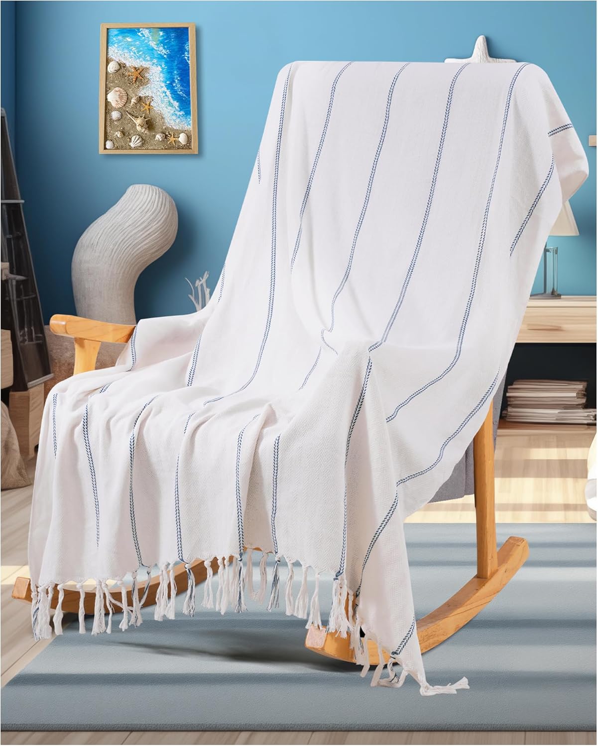 Genovega Blue Throw Blanket Bedroom Decoration Living Room Accessories Sofa Couch Cover Chair Apartment Essential House Goods Navy Stripe Shark Lake House Kids Teen Boy Baby Nursery Decoration