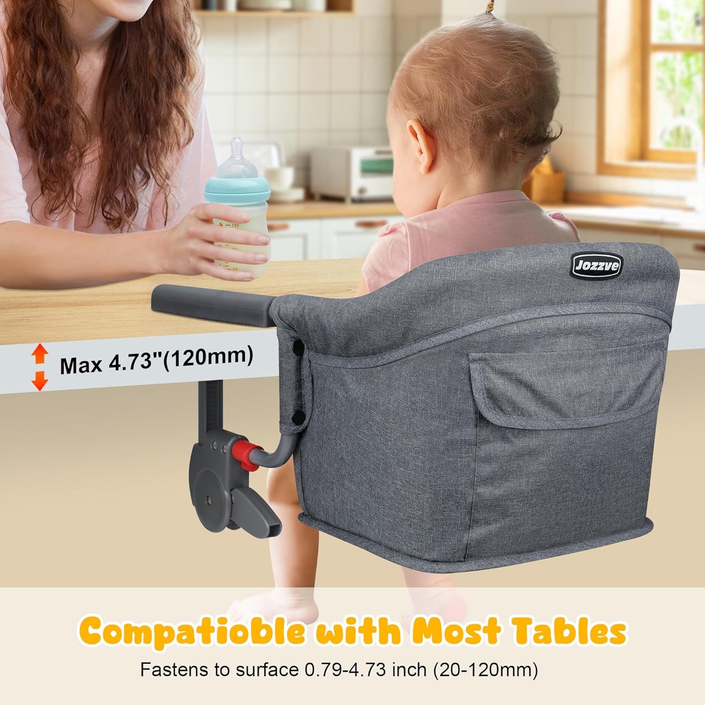 Hook On High Chair: Portable Fast Table Chair with Storage Bag, Clip on High Chairs for Babies and Toddlers, Foldable Baby Feeding Chair with Removable Seat for Home and Travel -Grey