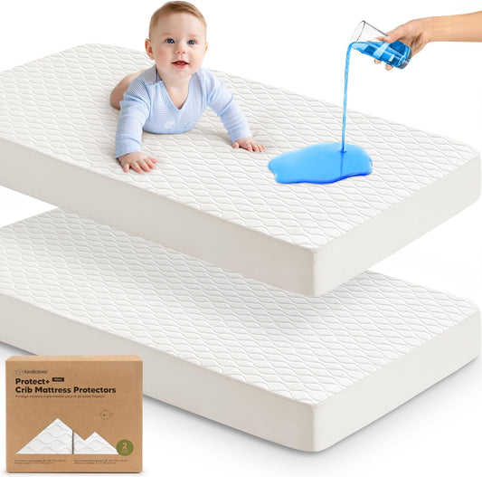 Waterproof Crib Mattress Protector Cover Fitted - 2-Pack Quiet Baby Crib Mattress Pad Sheets, 52" x 28" Soft Quilted Cotton Baby Sheet, Machine Washable, Easy Fit, Durable(Soft White/Mavy)