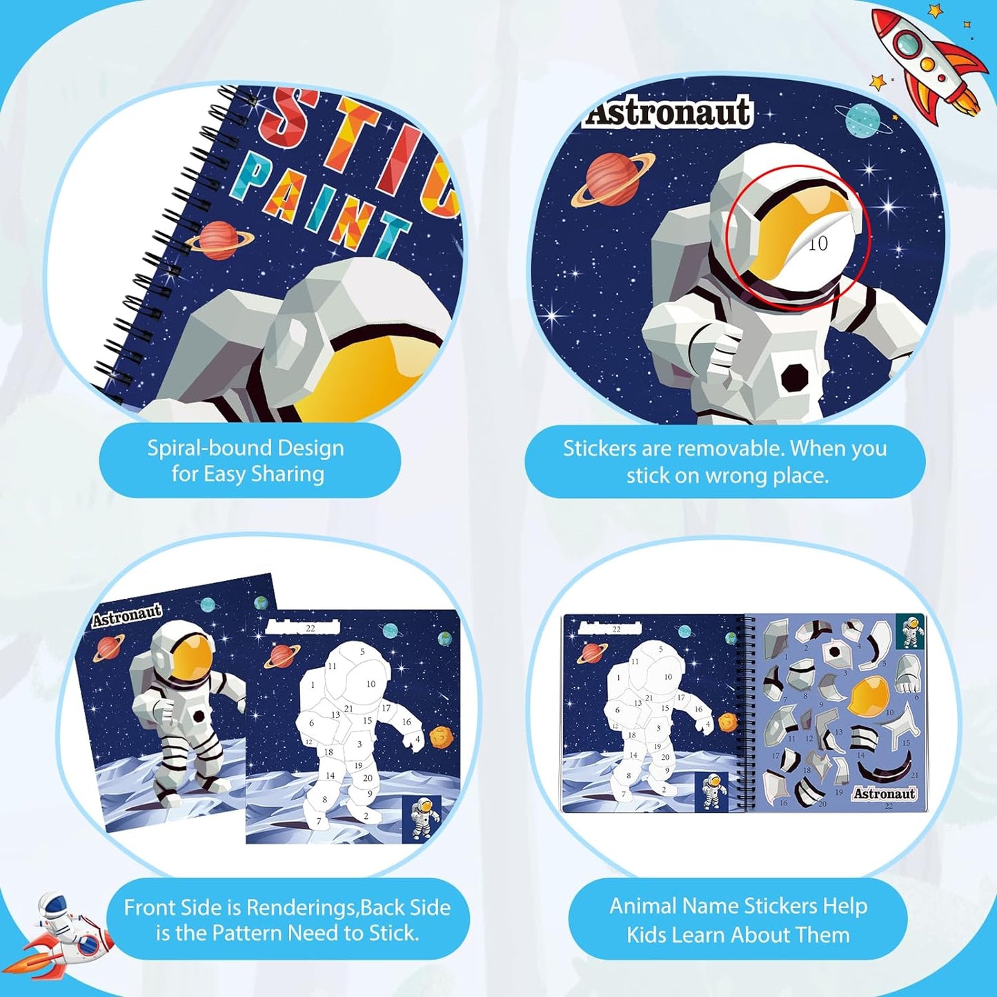 homicozy 4PCS Sticker Paint Books for Kids Ages 4-10,Dinosaur Astronaut Ocean Animals Designs Paint by Stickers,Sticker by Numbers,Party Birthday Gifts for Boys 4-10,Create 40 Pictures at a Time