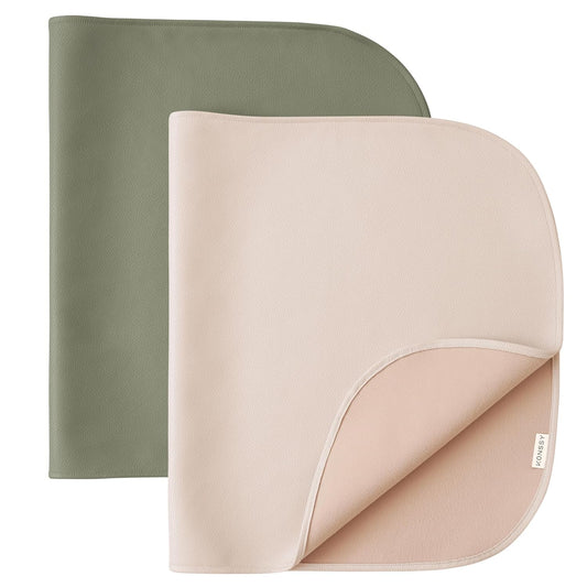 Konssy 2 Pack Faux Leather Baby Changing Mat 30"x17", Foldable and Wipeable Portable Changing Pad, Waterproof and Soft for Travel or Home Use (Fog Green,Beige)