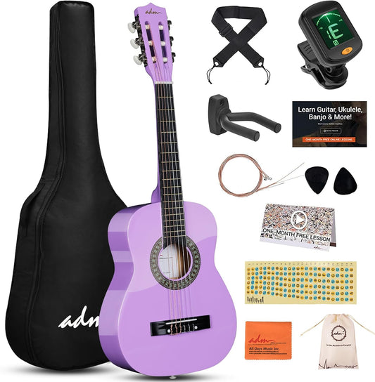 ADM Beginner Acoustic Classical Guitar 30 Inch Nylon Strings Wooden Guitar Bundle Kit for Kid Boy Girl Student Youth Guitarra Online Lessons with Gig Bag, Strap, Tuner, Strings, Picks, Purple