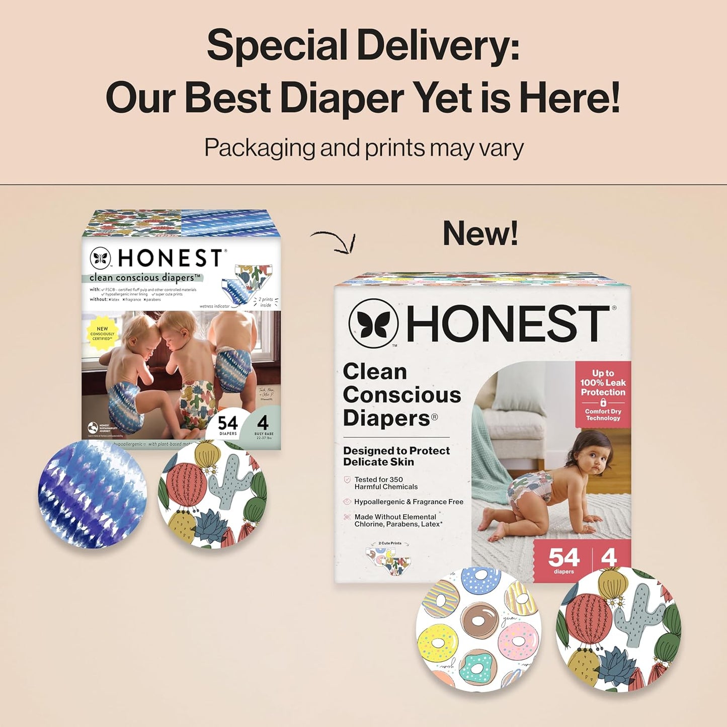 The Honest Company Clean Conscious Diapers for Delicate Skin | Up to 100% Leakproof | Hypoallergenic, Fragrance Free | Gender Neutral | Club Box, Size 4 (22-37 lbs), 54 Count (Prints May Vary)