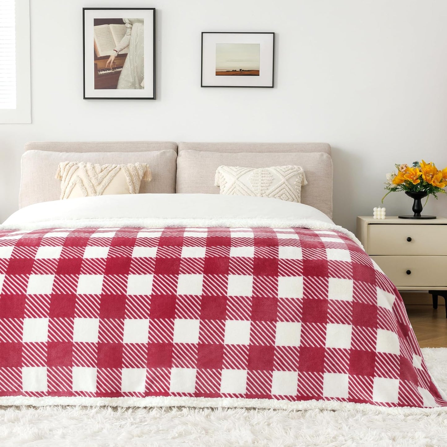 Touchat Sherpa Plaid Twin Blanket 60" X 70", Fuzzy Fluffy Soft Cozy Throw Blanket, Twin Size Plush Fleece Flannel Plush Microfiber Blanket for Couch Bed Sofa (RustRed)