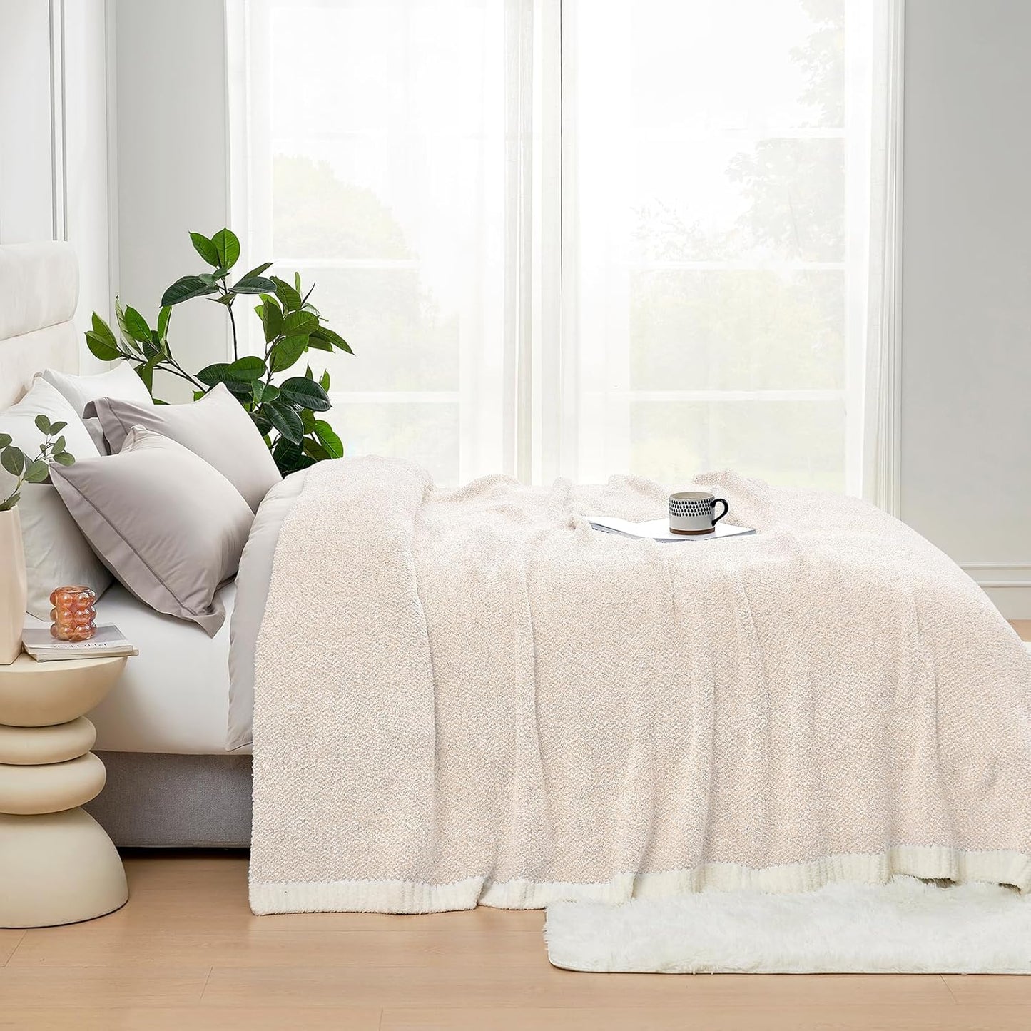 Snuggle Sac Queen Size Oversized Super Soft Bed Blanket - Warm & Cozy Knit Fuzzy Microfiber Blankets in Heather Ivory, 90 x 90