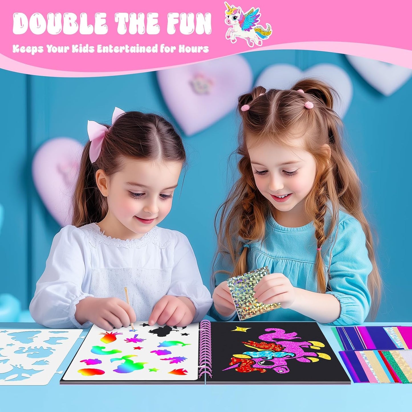 homicozy Art & Craft Activity for Kids: Foil Fun Unicorns and Princess & Scratch Art Book 2-in-1,No Mess Art Crafts for Girls,DIY Creative Activity Kit,Gifts for Girls Ages 4,5,6,7,8,9, Travel Toys