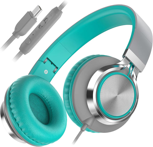 AILIHEN C8 Kids Headphones Wired USB C, USB-C Headphones with Microphone & Volume Control, Foldable Stereo Sound Tangle-Free Type C Cord, Compatible with Cellphone, Laptop, PC, Computer (Grey Mint)