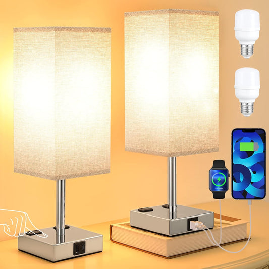 aooshine Gray Set of 2 Touch Lamps with USB Port Nightstand Lamp with USB-C+A Charge Ports & AC Outlets, 3-Way Dimmable Bedside Lamp, Small for Bedroom Living Room (Bulb Included)