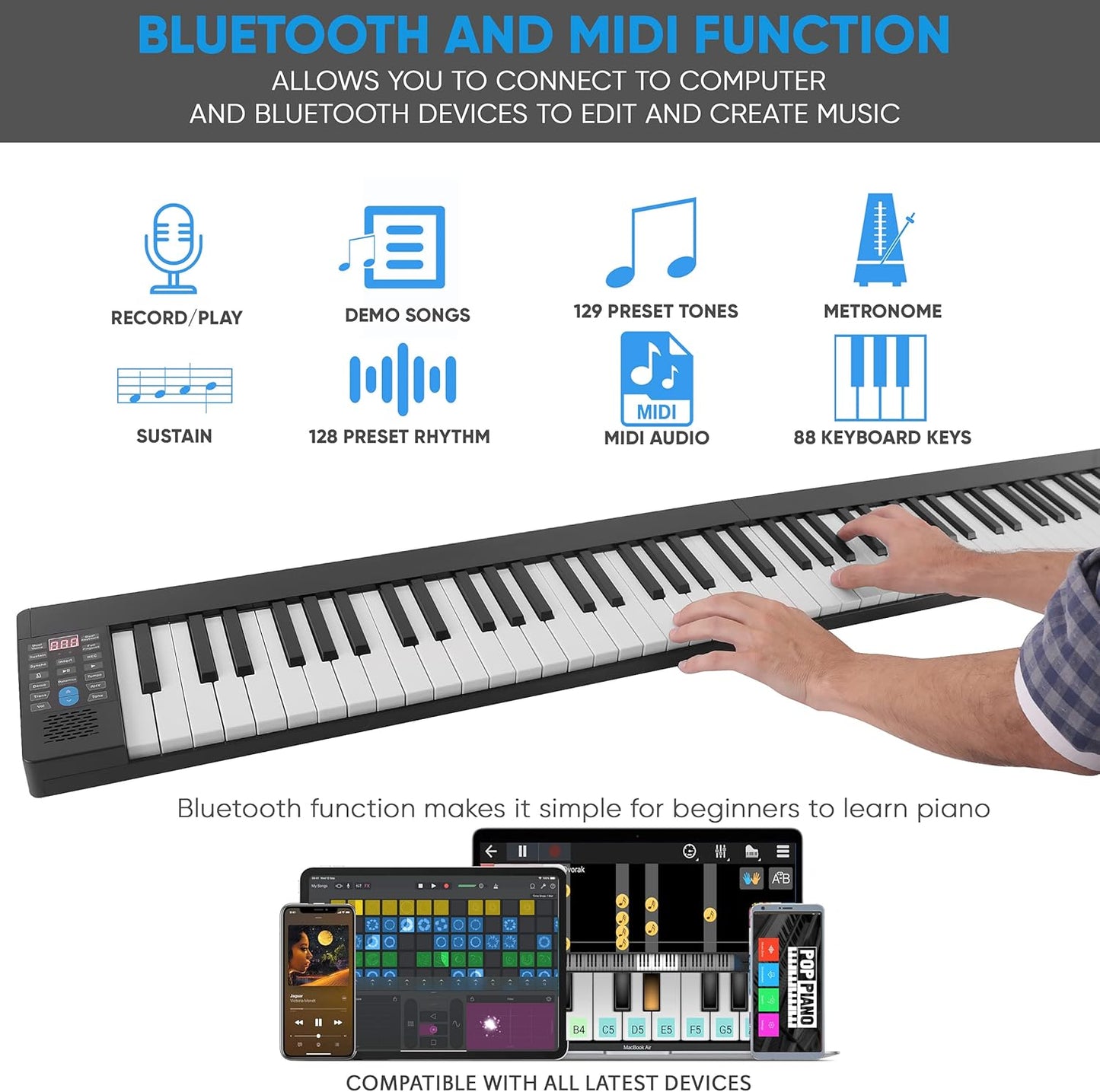 Pyle 88-Key Electric Piano Keyboard – Full Sized Bluetooth Enabled Keyboard with 28 Rhythms & Tones, Built-In Speaker, Sustain Pedal, Piano Bag, Portable Design, Ideal for Beginners and Professionals
