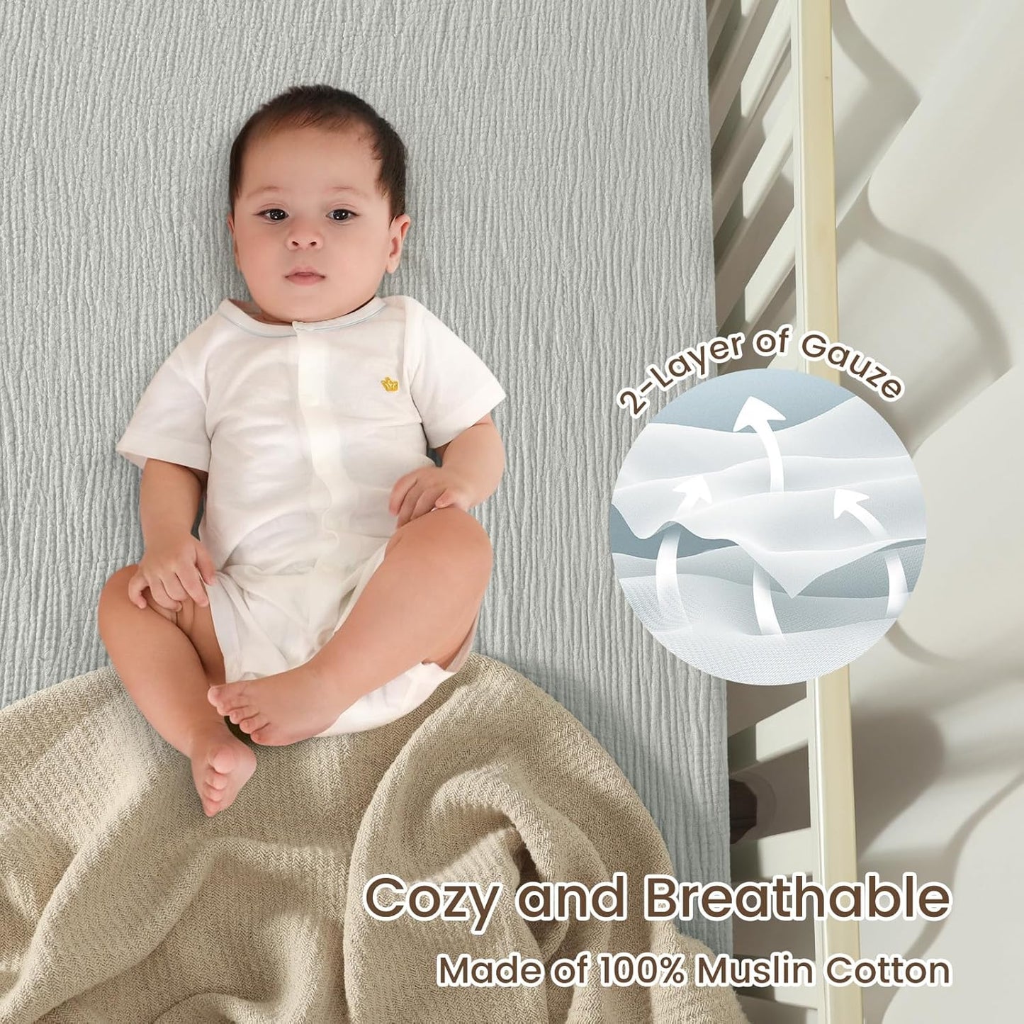 david's kids Muslin Crib Sheets for Boys Girls, 2 Pack 100% Cotton Soft Breathable Fitted Baby Sheet Set, 28x52 Inch Fits Standard Crib and Toddler Mattresses, Light Gray & Sage Green