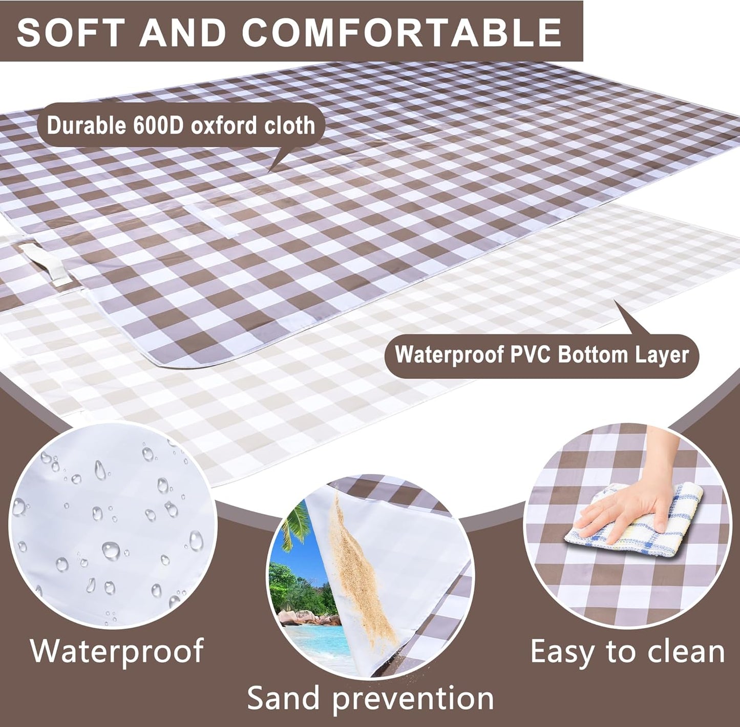 80"x80" Extra Large Waterproof Outdoor Mat - Sandproof Foldable Picnic Blanket for Family Camping, Backyard, Beach Parties - Heavy Duty & Easy Storage (Dark Brown)