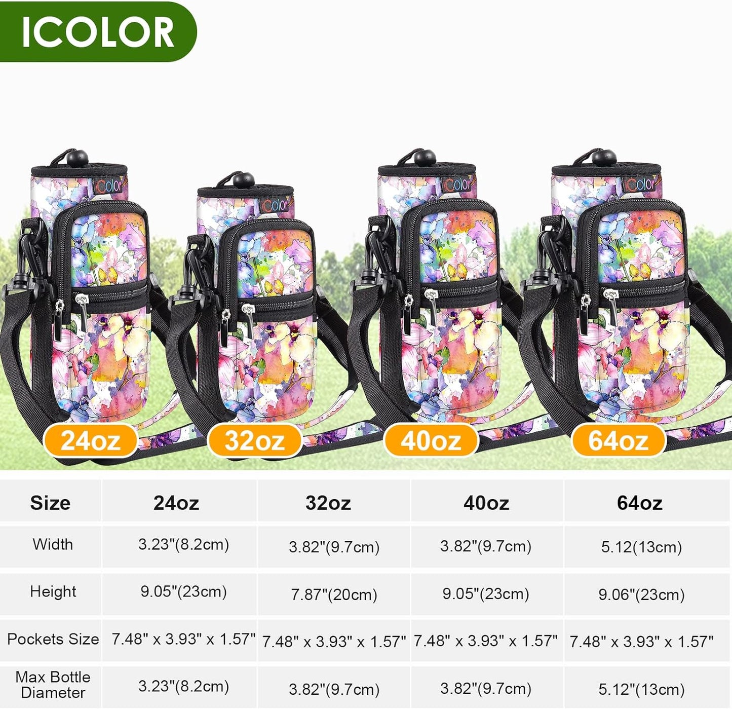 icolor Water Bottle Carrier Bag with Strap 25/32/40 oz Crossbody Bottle Holder with Phone Pocket Sling Sleeve Insulated Neoprene Water Bottle Pouch for Walking Travelling