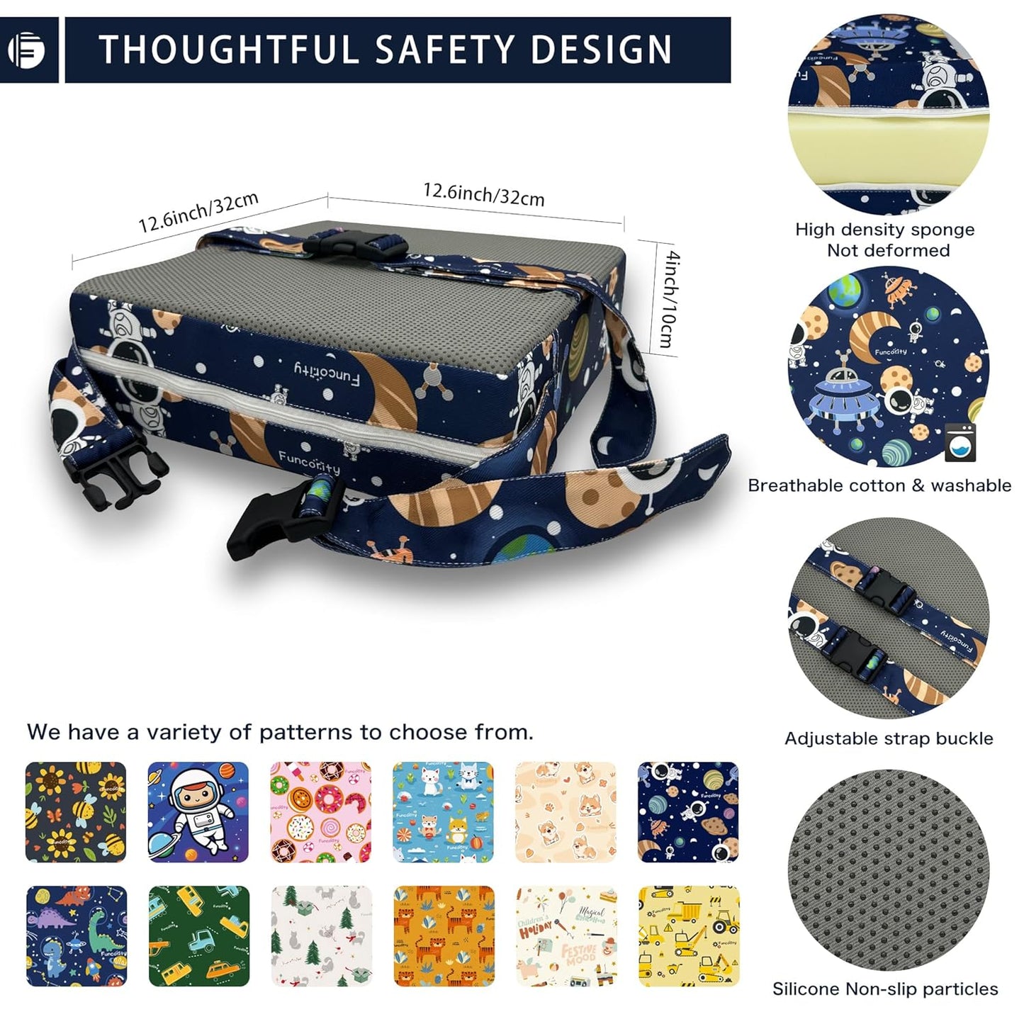 Toddler Booster Seat for Dining Table, Portable Booster Seat for Kitchen Chair, 4 Inch High-Density Foam Cushion with Adjustable Safety Straps and Non-Slip Bottom, Perfect for Kids Travel and Daily