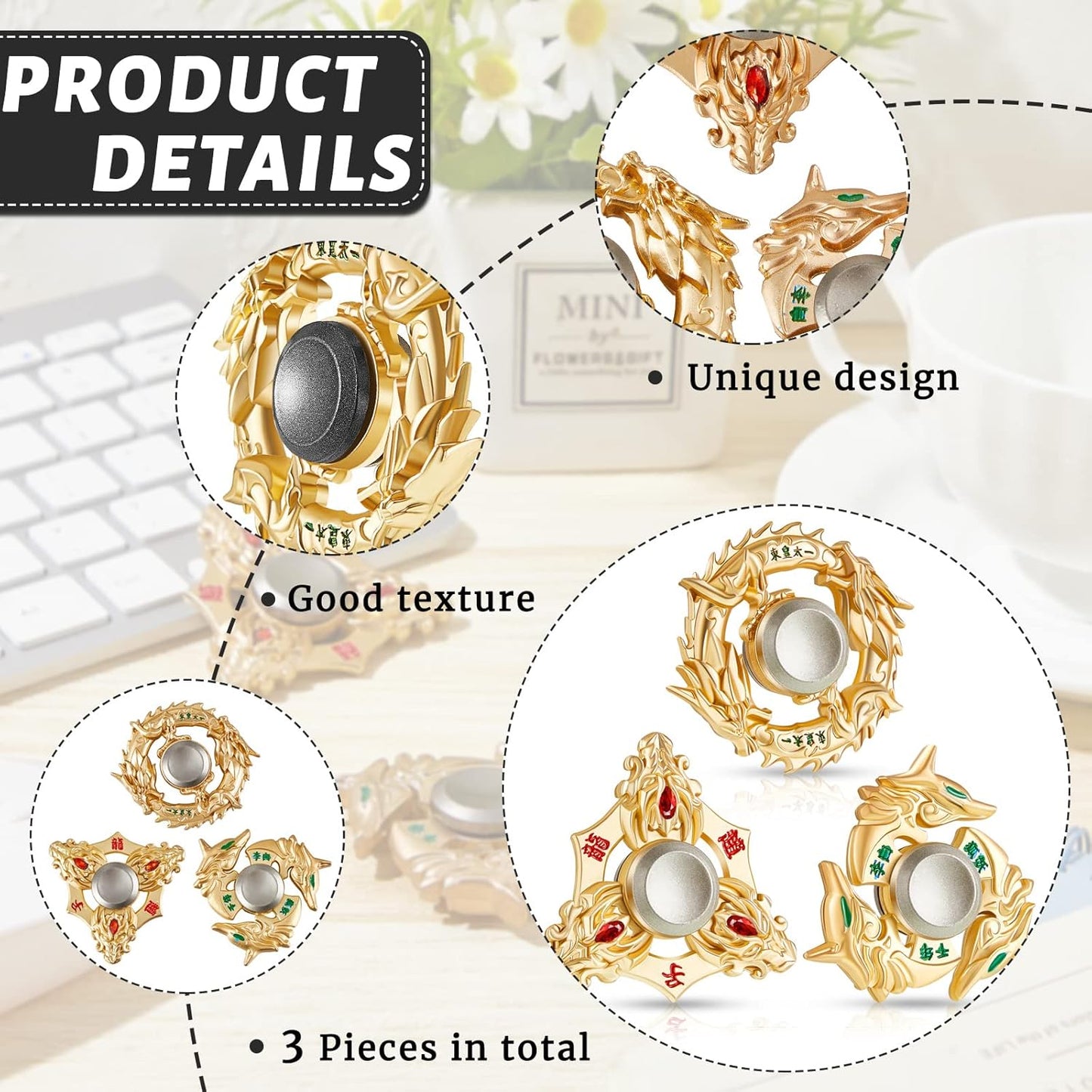 3 Pieces Golden Dragon Finger Spinner Toys Hand Dragon Fingertip Spinner Metal Gold Spinner Anxiety Stress Relief Toy Small Sensory Gadgets for Adults Party Favors