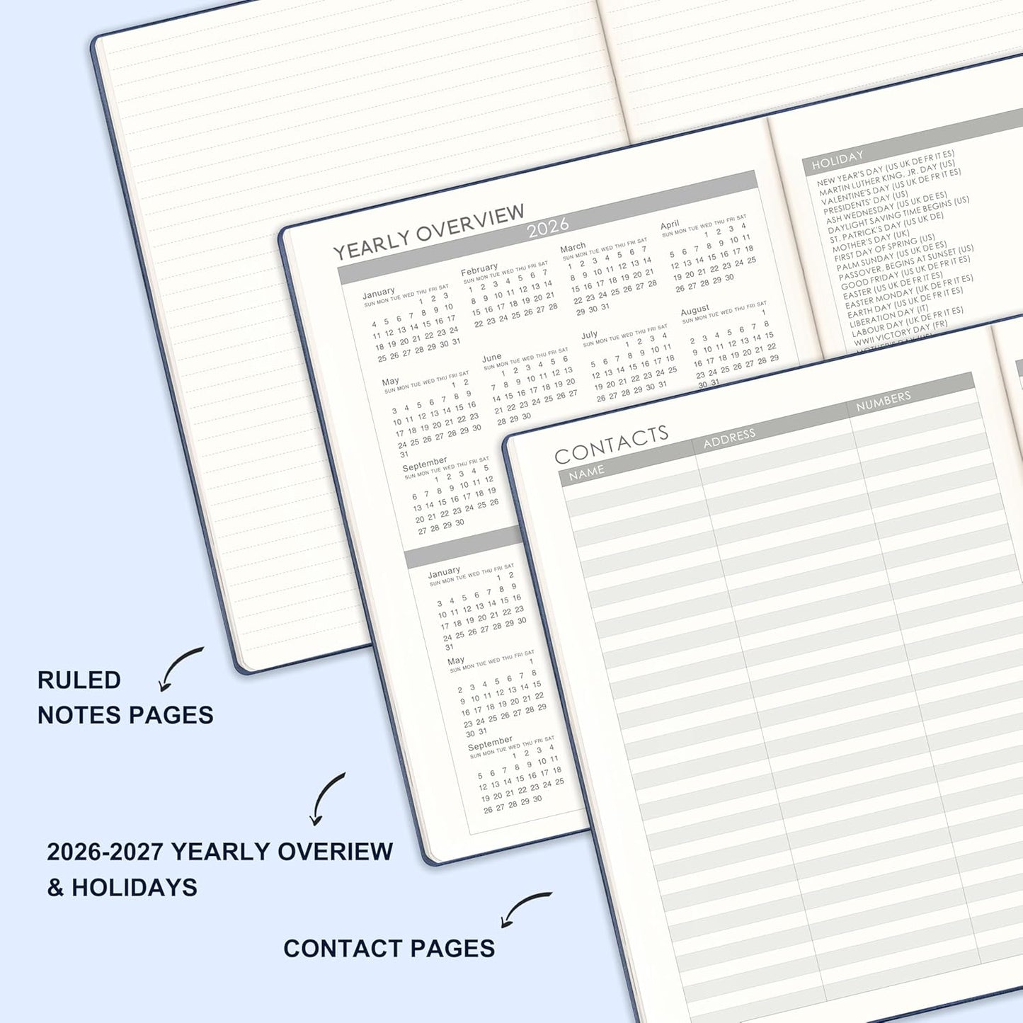 2026 Planner - Weekly and Monthly Planner 2026, JAN 2026 - DEC 2026, 8.5" x 11", Leather Cover 2026 Planners with Thick Paper, Back Pocket with Notes Pages - Blue