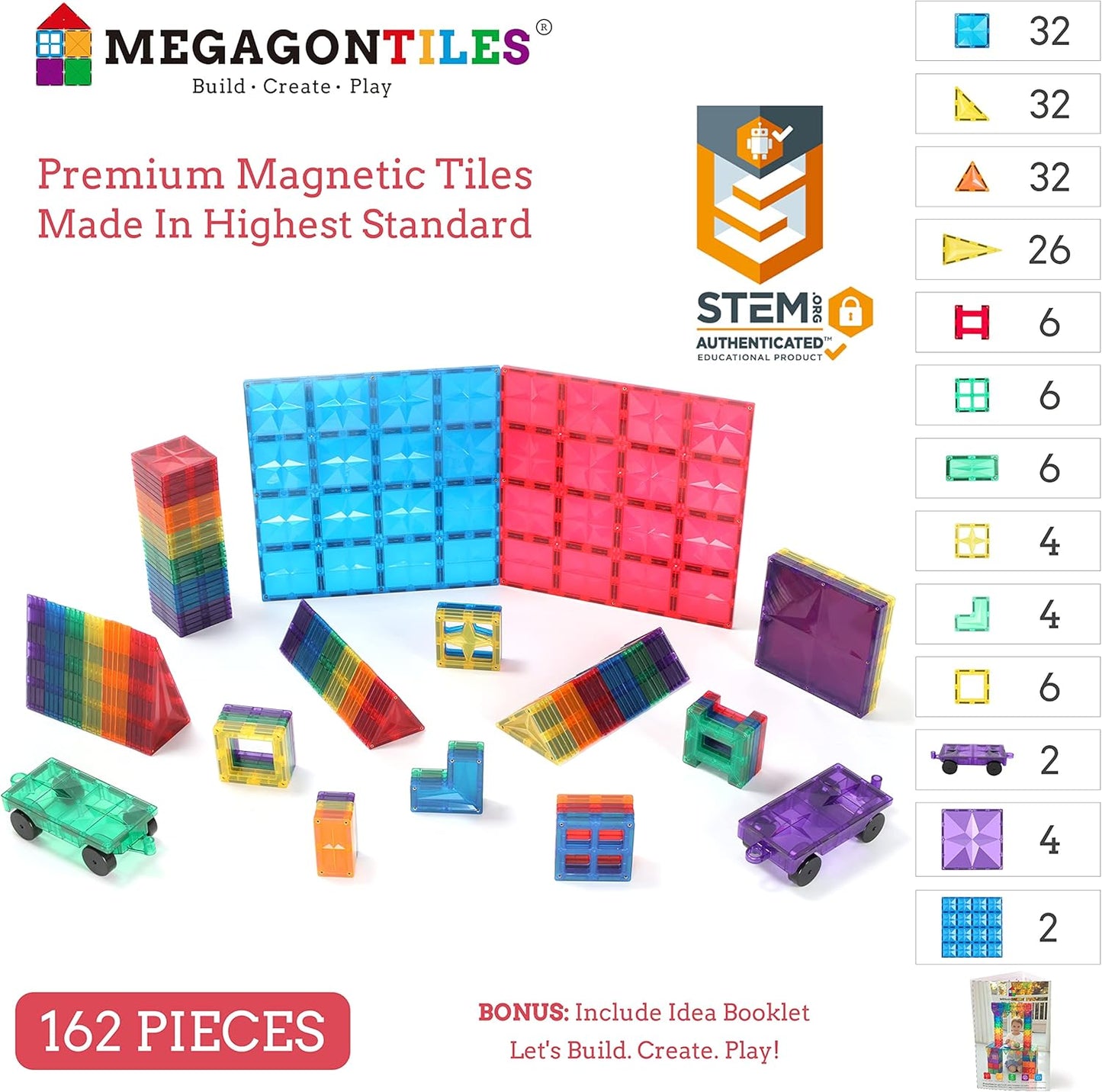 162PCS Premium MagneticTiles, MagnetTiles, STEM AUTHENTICATED, MEGA MagnetTiles Set,Magnetic Blocks,Magnetic Building Blocks,Magnets for Kids,MagneticTile Toy Boys Girls Age 3 4 5 6 7 8