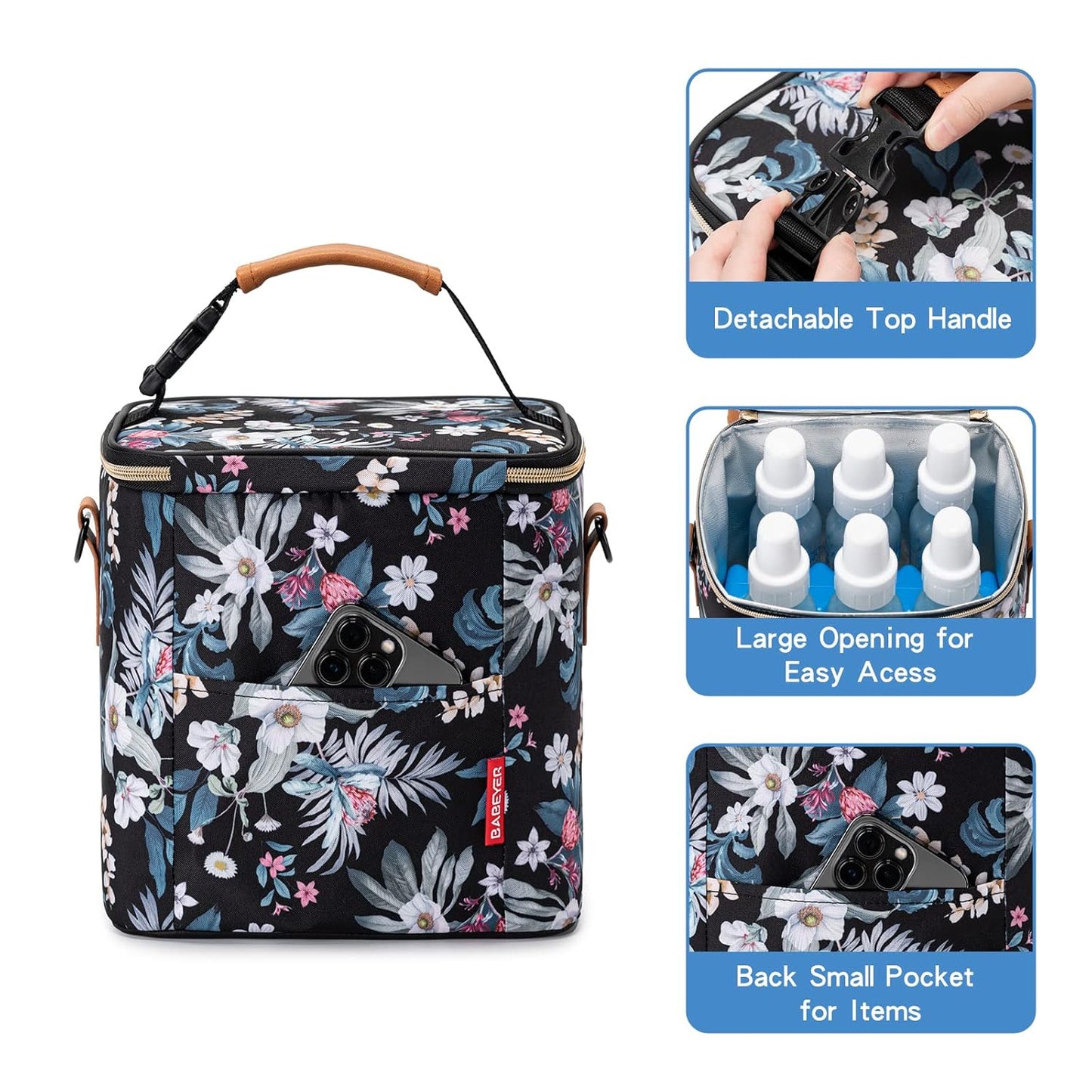 Breastmilk Cooler Bag with Ice Pack Fits 6 Baby Bottles Up to 9 Ounce, Baby Bottle Bag with Shoulder Strap for Nursing Mom Daycare, Floral
