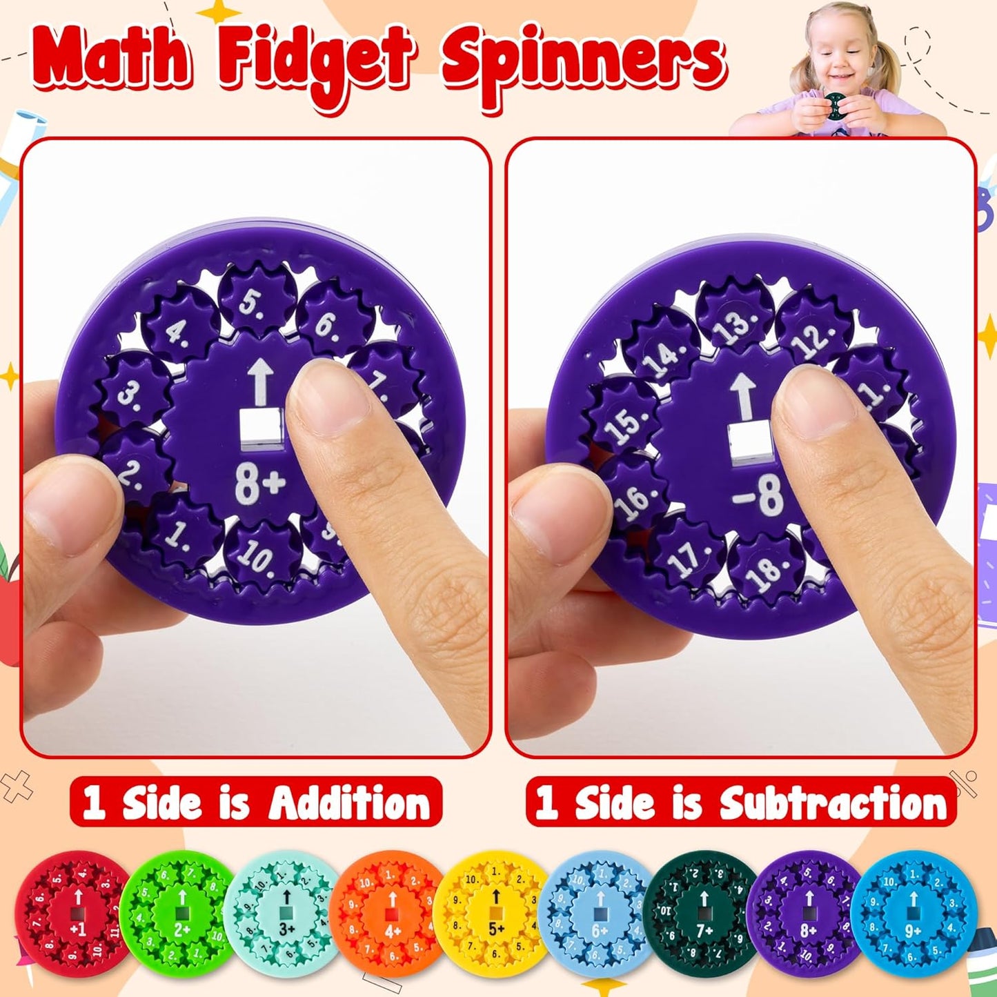 18Pcs Math Fidget Spinners Addition Subtraction Round Number Flying Fidget Spinner Division Multiplication Finger Spin Game Toys Educational Math Fact Games for Children Stimmers Fidgeters